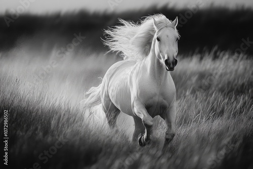 White horse running in a field black and white photography photo