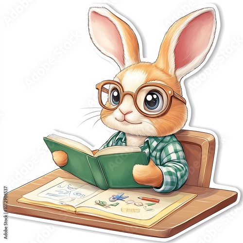 Rabbit bunny reading book sitting classroom wearing glasses smart animal pet, cartoon sticker drawing illustration, white background photo