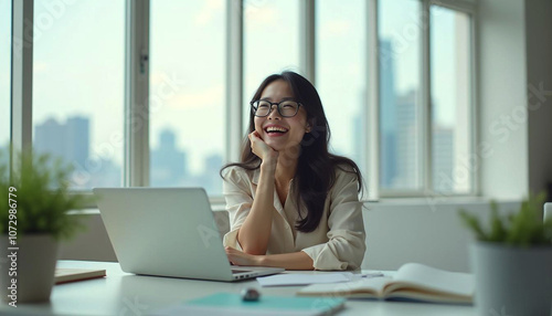 Happy businesswoman with glasses, laughing in a clean, open workplace, creating a positive work atmosphere.