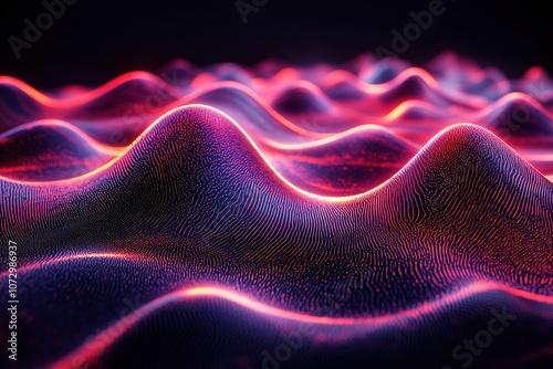 Dynamic digital landscape with glowing neon waves and dark backd photo