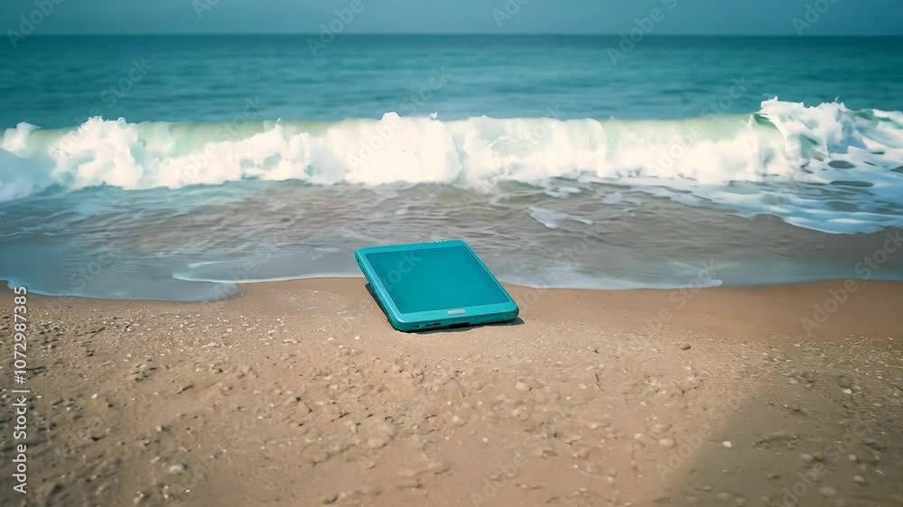 A vibrant blue object lies on the sandy shore, gently kissed by the rolling waves. The scene captures the essence of a serene summer day, inviting curiosity and imagination.