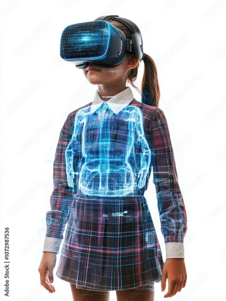School student with VR headset using AI artificial intelligence technology and machine learning. AI blu e hologram in education School student with VR headset using AI artificial intelligence technology and machine learning. AI blu e hologram in education