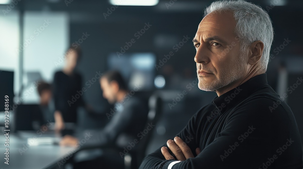 Senior executive overseeing a busy team in a modern open-plan office working together on key business strategies Stock Photo with side copy space Senior executive overseeing a busy team in a modern open-plan office working together on key business strategies Stock Photo with side copy space