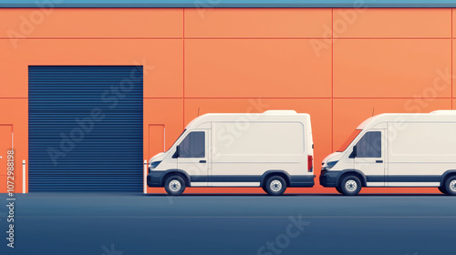 Two white delivery vans parked side by side outside a large orange warehouse, with a closed roller door in the background.