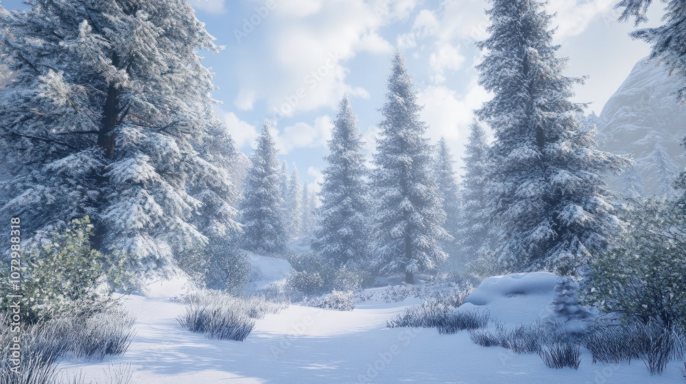 Serene and enchanting winter forest landscape with snow-covered pine trees, creating a tranquil and magical wintery scene in a peaceful and seasonal backdrop Serene and enchanting winter forest landscape with snow-covered pine trees, creating a tranquil and magical wintery scene in a peaceful and seasonal backdrop