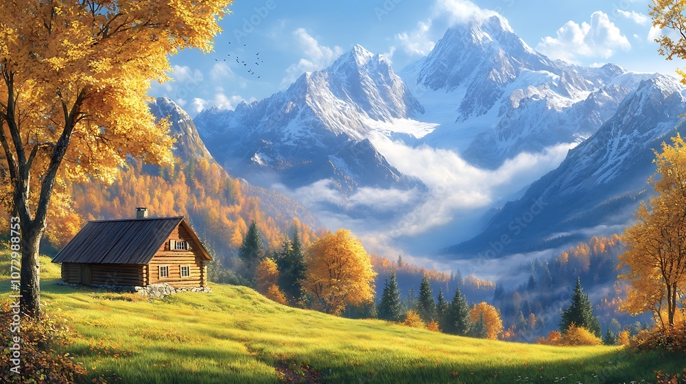 A panoramic view of the Alps showcasing misty mountain, Beautiful mountain hill house A panoramic view of the Alps showcasing misty mountain, Beautiful mountain hill house