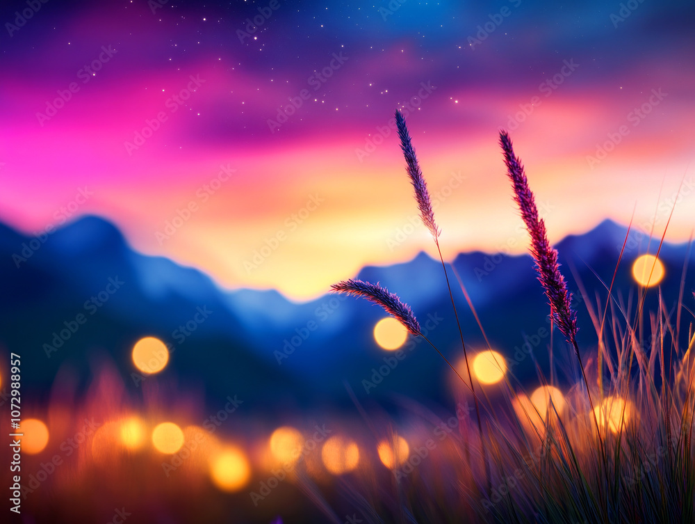 Naklejka premium Serene Sunset Over Mountain Landscape With Grass, Stars, and Soft Bokeh Lights Creating a Magical Evening Atmosphere in Nature