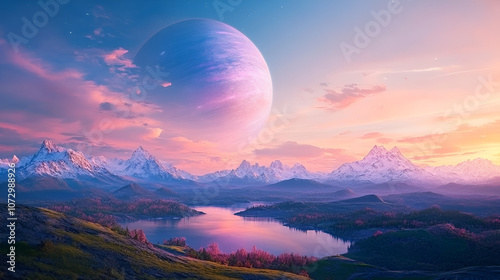 Huge planet is rising over a tranquil lake and majestic mountains on an alien world, creating a breathtaking sunset landscape; science fiction extraterrestrial scenery; no people panorama