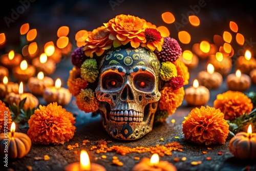 Intricate Sugar Skull Surrounded by Vibrant Cempasuchil Flowers in Low Light, Celebrating the Day of the Dead Tradition in Mexico’s Altars