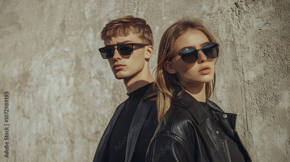 Fashion couple young models in stylish sunglasses on a minimalistic wall background. Ideal advertising for accessories eyewear stores Fashion couple young models in stylish sunglasses on a minimalistic wall background. Ideal advertising for accessories eyewear stores