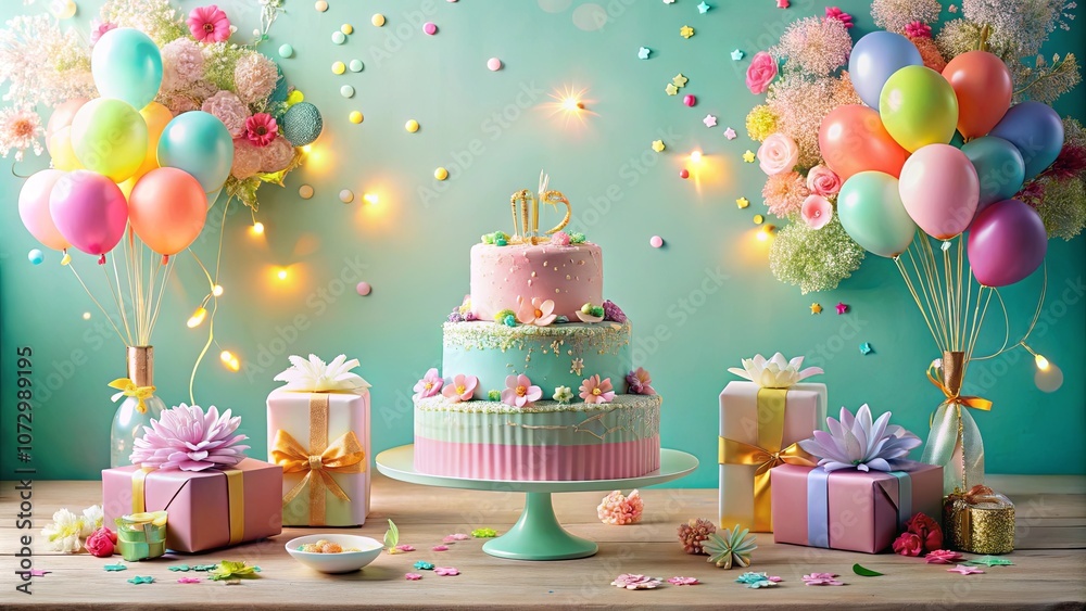 A Festive Birthday Celebration Featuring a Multi-Tiered Cake Adorned with Flowers, Balloons, and Gifts, Against a Pastel Green Backdrop with Twinkling Lights A Festive Birthday Celebration Featuring a Multi-Tiered Cake Adorned with Flowers, Balloons, and Gifts, Against a Pastel Green Backdrop with Twinkling Lights