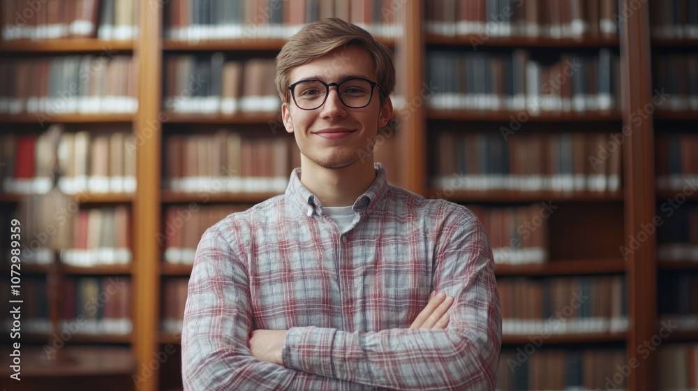 Smiling student guy posing in campus library. Higher institution learner, education, knowledge concept. Smiling student guy posing in campus library. Higher institution learner, education, knowledge concept.