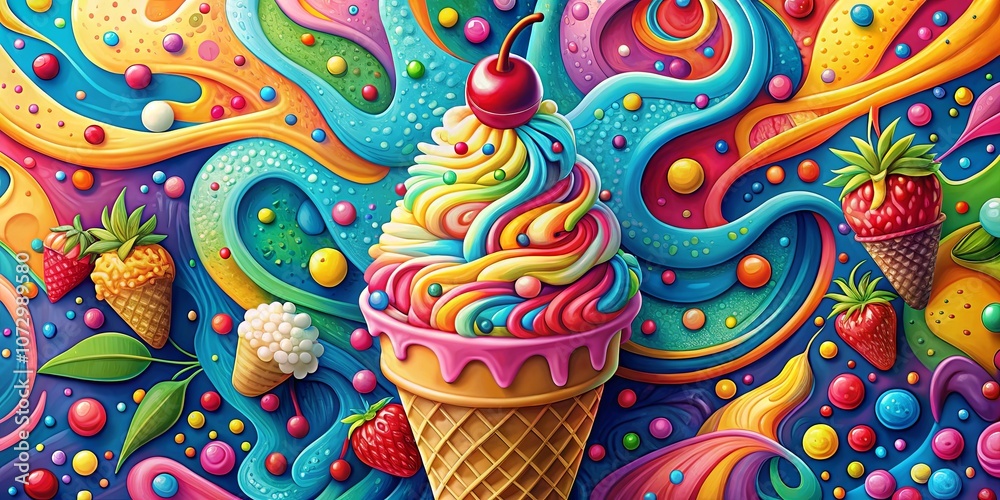A swirl of colorful, candy-coated goodness, with a rainbow ice cream cone taking center stage amidst a vibrant backdrop of swirling textures and delightful treats. A swirl of colorful, candy-coated goodness, with a rainbow ice cream cone taking center stage amidst a vibrant backdrop of swirling textures and delightful treats.