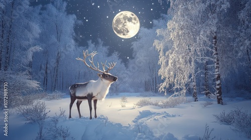 Snowy forest at night with a reindeer under the moonlight