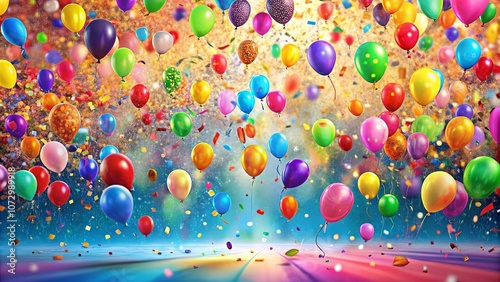 A vibrant symphony of colors and textures, capturing the unbridled joy of celebration, where balloons dance and confetti swirls, creating a magical and festive atmosphere. photo