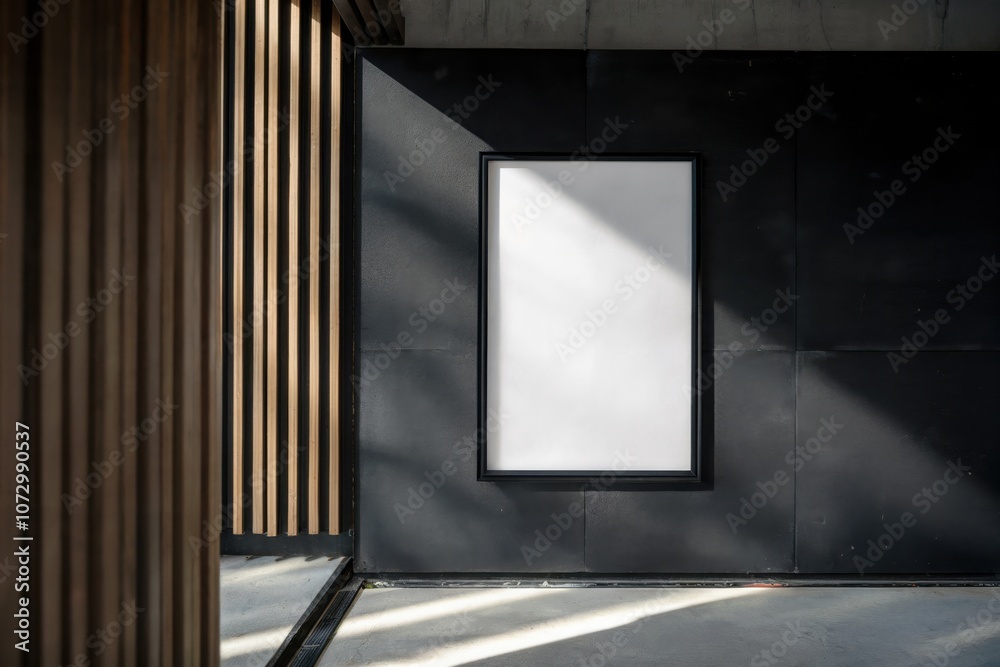 Empty frame on dark textured wall with wood accents Empty frame on dark textured wall with wood accents