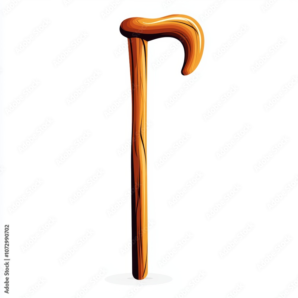 A wooden cane with a curved handle, isolated on a white background. A wooden cane with a curved handle, isolated on a white background.