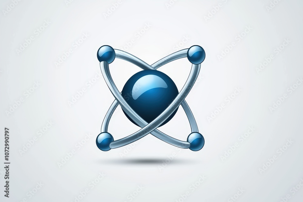 Abstract atomic symbol with blue sphere and metallic orbits, ideal for scientific and educational themes.