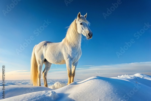 Majestic White Horse Standing Gracefully on a Snowy Landscape with Vast Clear Blue Sky, Perfect for Winter-Themed Designs, Nature Posters, and Equine Art Displays