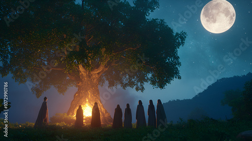 Female priestesses in long robes are gathering under a giant glowing tree in a magical forest at night, creating a mystical and enchanting atmosphere photo