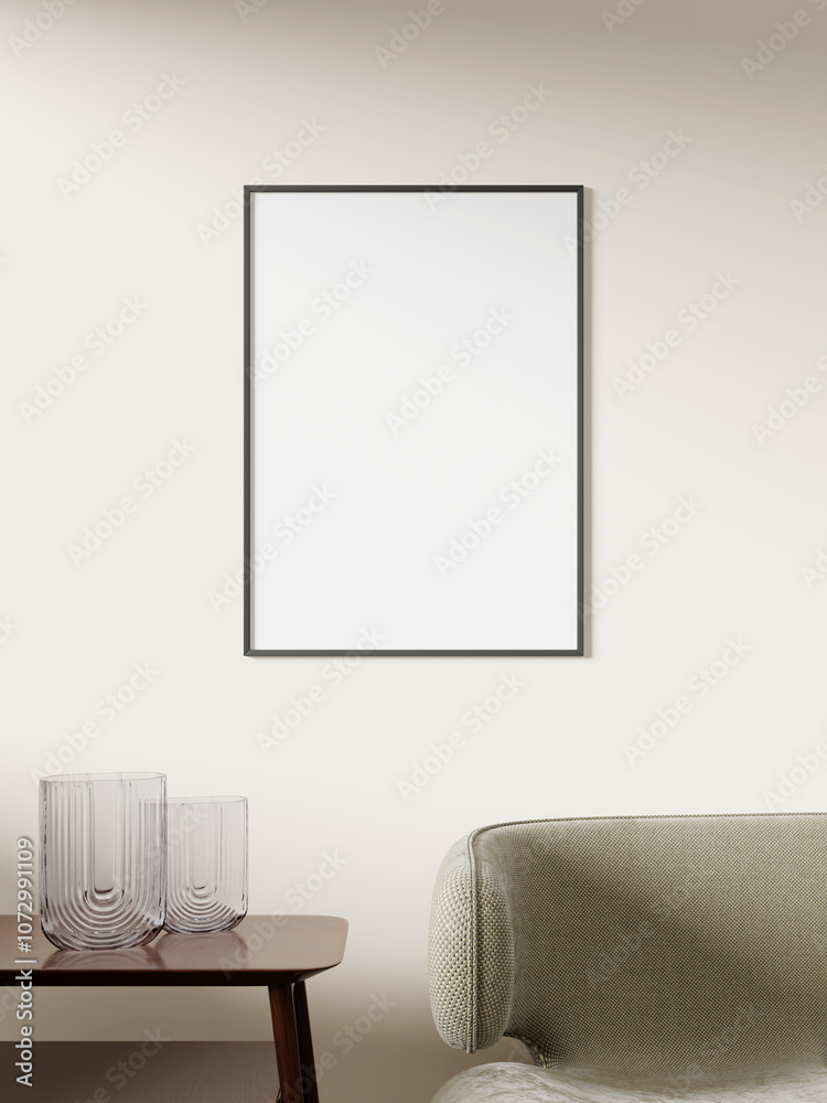 Empty framed canvas for mockups and art illustrations on interior background Empty framed canvas for mockups and art illustrations on interior background