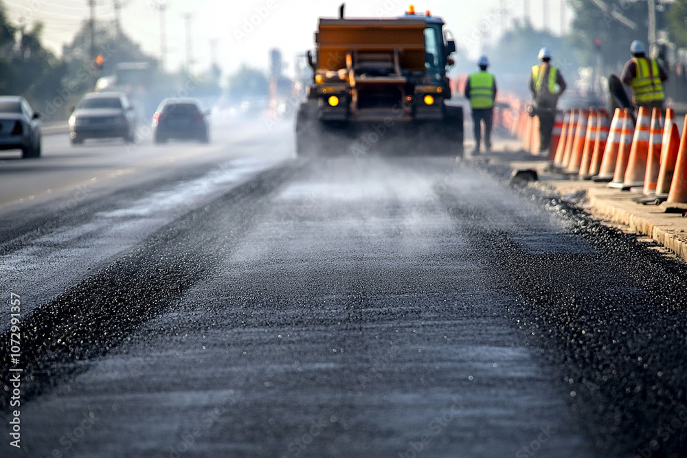 Obraz premium asphalt paver machine used in road construction for smoothing and distributing asphalt sunset background