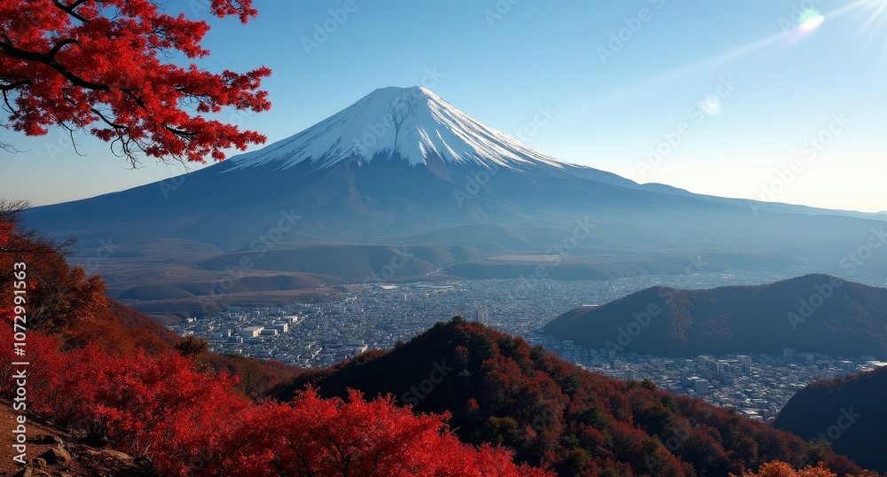 Fototapeta premium Mount Fuji, Japan, symmetrical snow-capped peak rising above forested landscapes, capturing the iconic beauty and cultural significance of Japan’s tallest mountain.