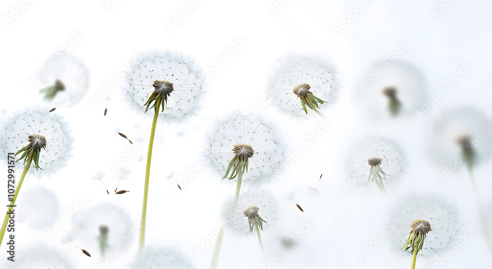 Obraz premium Lots of dandelion seed heads at different focal distances and sizes as if in a field with seeds floating away in the wind on a transparent background.