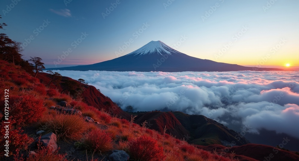 Fototapeta premium Mount Fuji, Japan, symmetrical snow-capped peak rising above forested landscapes, capturing the iconic beauty and cultural significance of Japan’s tallest mountain.