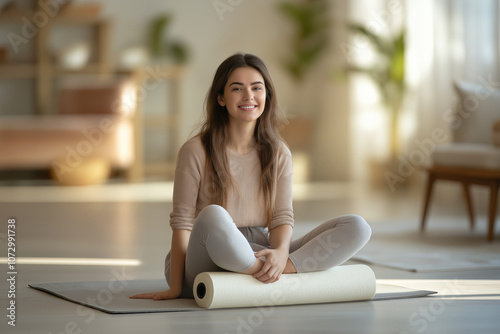Smiling woman sitting on a yoga mat with a foam roller, cozy home interior with warm lighting, plants in the background, relaxed and cheerful wellness session, selective focus

