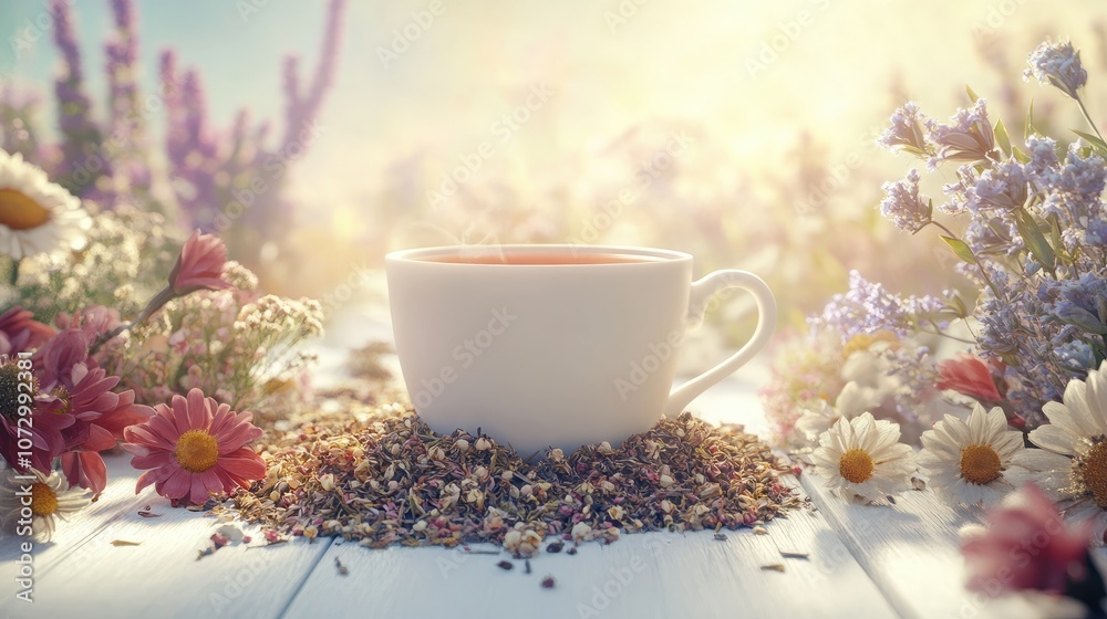 Tea in white cup with various piles of dry tea and herbal flowers. Tea in white cup with various piles of dry tea and herbal flowers.