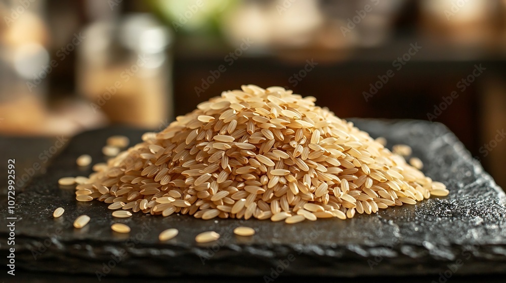 Artisan Pile of Raw Uncooked Rice Grains on Dark Stone Surface with Copy Space Artisan Pile of Raw Uncooked Rice Grains on Dark Stone Surface with Copy Space