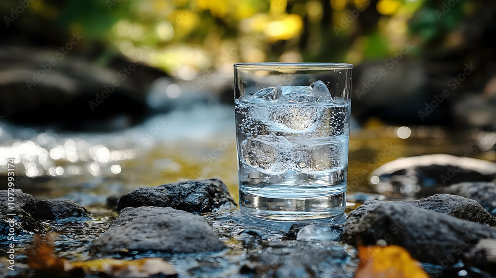 Glass of Water with Ice on Rocks by Stream - Photo Glass of Water with Ice on Rocks by Stream - Photo