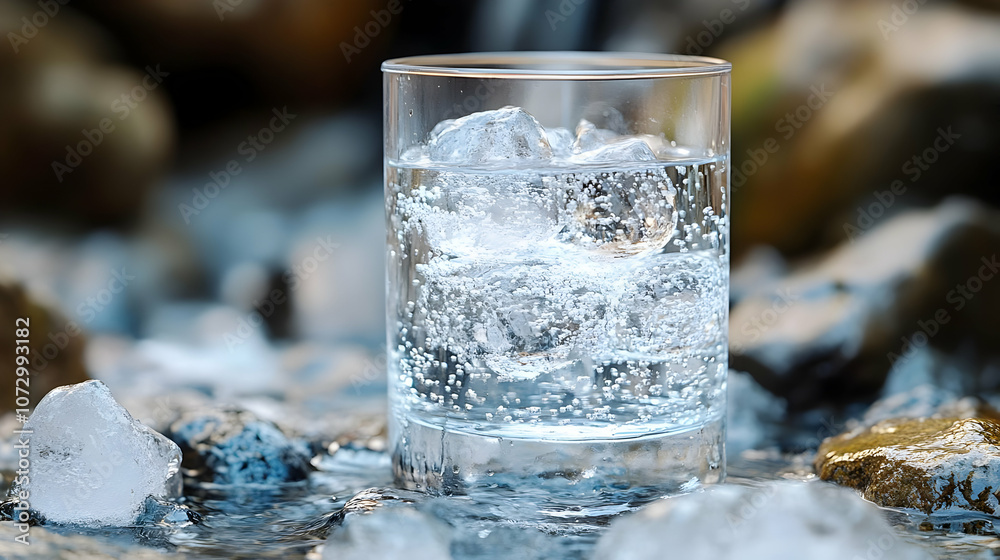 Glass of Sparkling Water with Ice on Rocks Glass of Sparkling Water with Ice on Rocks