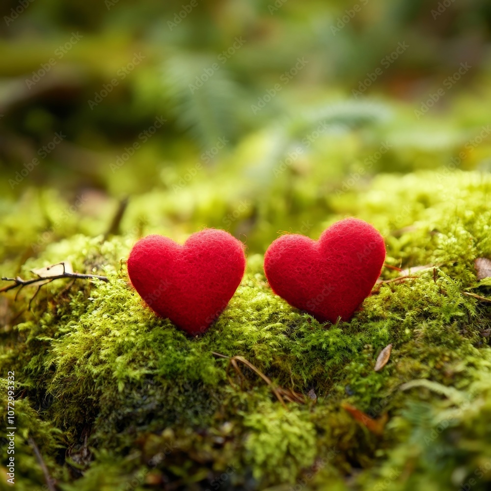 Valentine concept with crimson hearts on moss Valentine concept with crimson hearts on moss