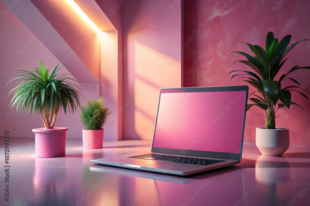 Fototapeta premium Modern Laptop Mockup in a Stylish Pink Room with AI-Generative Design Elements for Trendy Digital Backgrounds and Marketing Materials