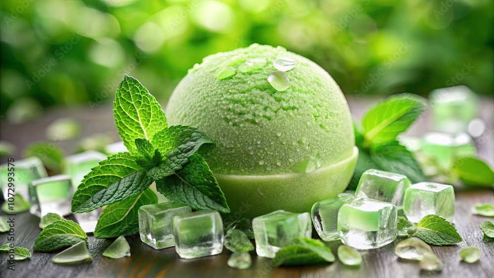 A Refreshing Green Ice Cream Scoop with Mint Leaves and Ice Cubes on a Wooden Surface A Refreshing Green Ice Cream Scoop with Mint Leaves and Ice Cubes on a Wooden Surface