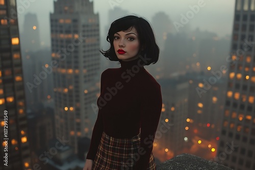 Urban Portrait of Woman on Rooftop with City Skyline in Foggy Twilight