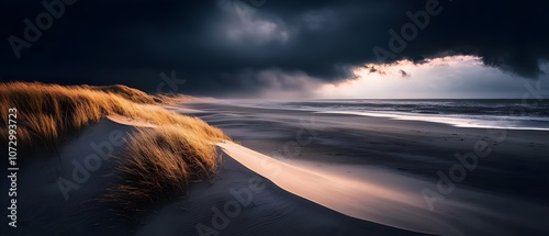 Fototapeta Naklejka Na Ścianę i Meble -  Stormy Coastal Scene at Night with Dramatic Clouds and Ocean Waves