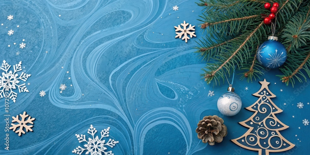 A festive holiday background featuring a blue swirling abstract design with pine, wooden snowflakes, and ornaments. A festive holiday background featuring a blue swirling abstract design with pine, wooden snowflakes, and ornaments.
