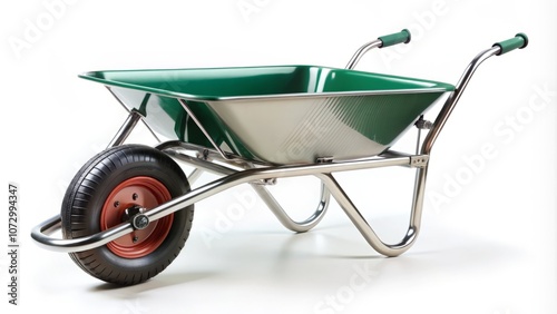 New Garden Metal Wheelbarrow Cart Isolated on White Background - Essential Gardening Tool for Agriculture, Lawn Care, and Farm Use - Versatile Handcart with Wheel for Easy Transport of Supplies