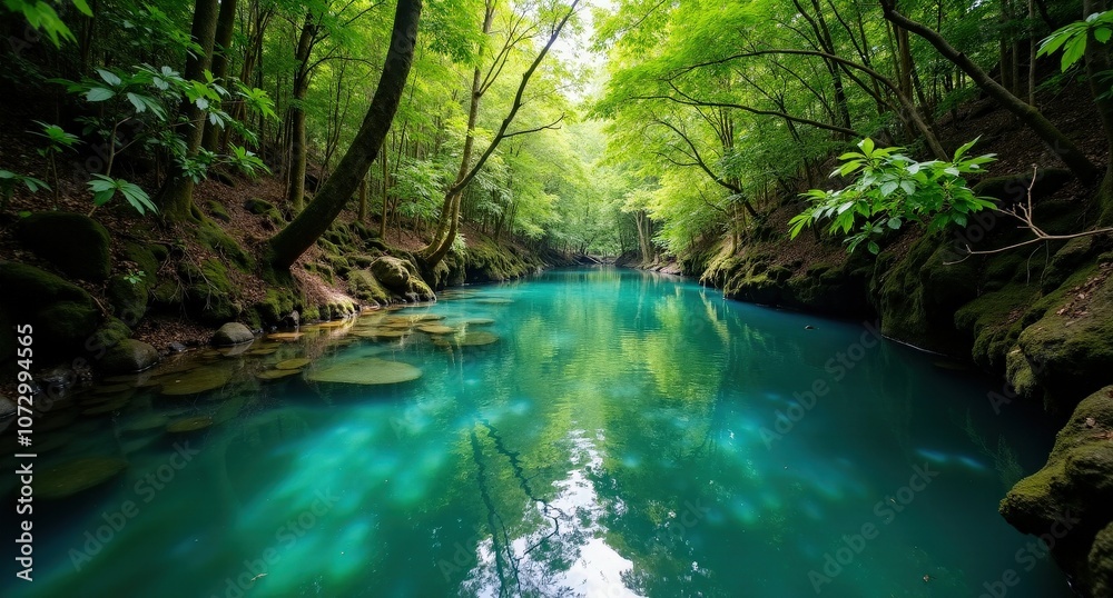 Naklejka premium The Enchanted River, Hinatuan, Philippines, crystal-clear blue river winding through dense forest, highlighting the surreal and magical beauty of the Philippines’ hidden gem.