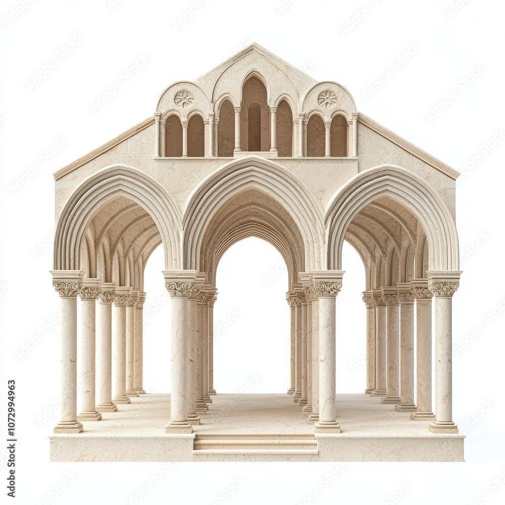 Obraz premium Intricate architectural structure with arches and columns, white isolate background.