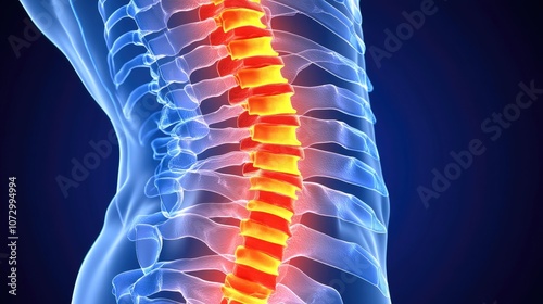 Highlighted Human Spine in Blue Background Illustrating Backbone Health and Anatomy