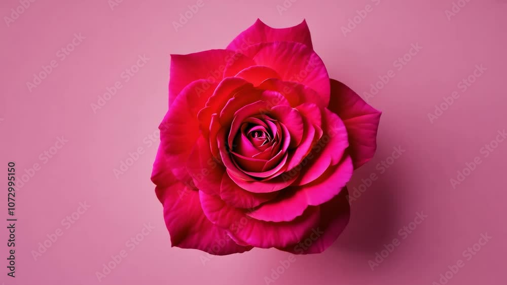Vibrant hot pink rose with intense color saturation, rotating against a solid pink background, viewed from above for a striking floral composition, perfect for Valentine’s Day visuals