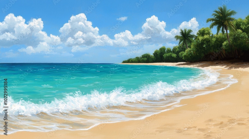 A serene beach scene with turquoise waters, gentle waves, a sandy shore, and lush greenery under a bright blue sky dotted with fluffy clouds. A serene beach scene with turquoise waters, gentle waves, a sandy shore, and lush greenery under a bright blue sky dotted with fluffy clouds.