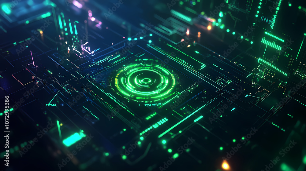 Cybernetic Core: A detailed close-up view unveils a high-tech circuit board's intricate design, radiating with neon green lines and the aura of technological innovation. Cybernetic Core: A detailed close-up view unveils a high-tech circuit board's intricate design, radiating with neon green lines and the aura of technological innovation.