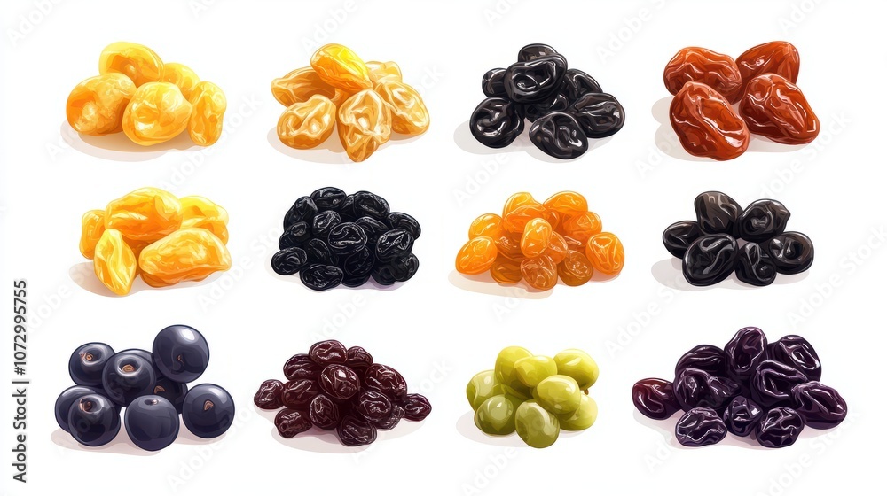 Variety of raisins displayed on a white background isolated transparent Variety of raisins displayed on a white background isolated transparent
