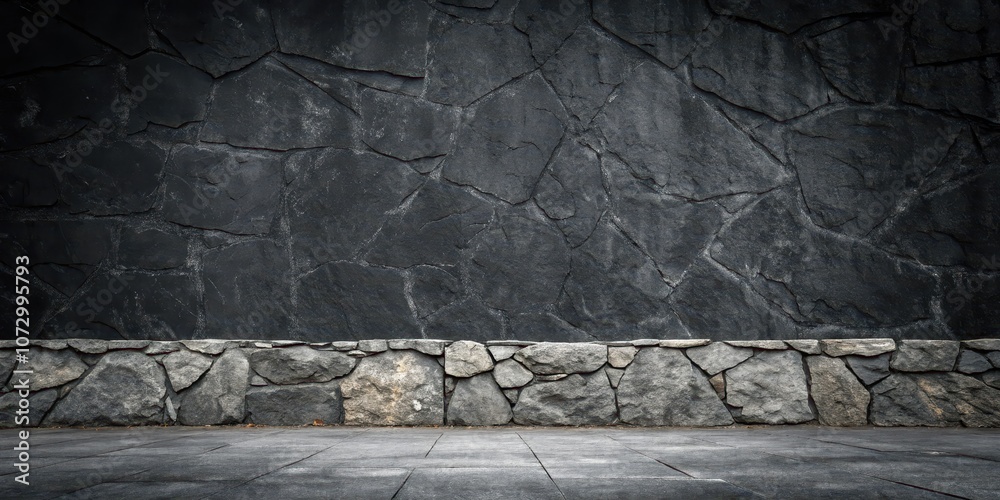 Fototapeta premium A minimalist urban scene with a textured gray stone wall and a paved walkway in front