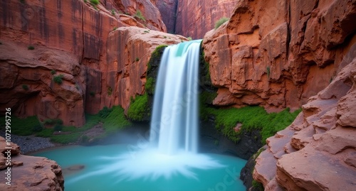 Havasu Falls, Arizona, USA, turquoise waterfall plunging into a natural pool surrounded by red rocks, capturing the serene beauty of Arizona’s desert oasis.